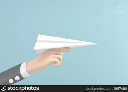 Cartoon hand holding paper rocket on mint background. 3D rendering
