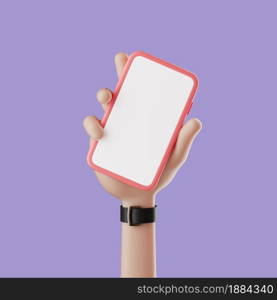 Cartoon hand holding smartphone with blank white screen over violet background. Simple 3d render illustration with soft shadows.. Cartoon hand holding smartphone with blank white screen over violet background. Simple 3d render illustration.