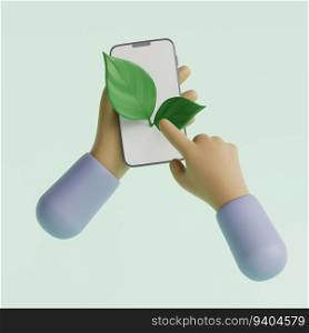 Cartoon hand holding smartphone with white screen and green leaves. 3d render illustration