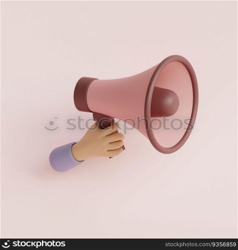 Cartoon hand in holding megaphone loudspeaker. 3d render illustration.