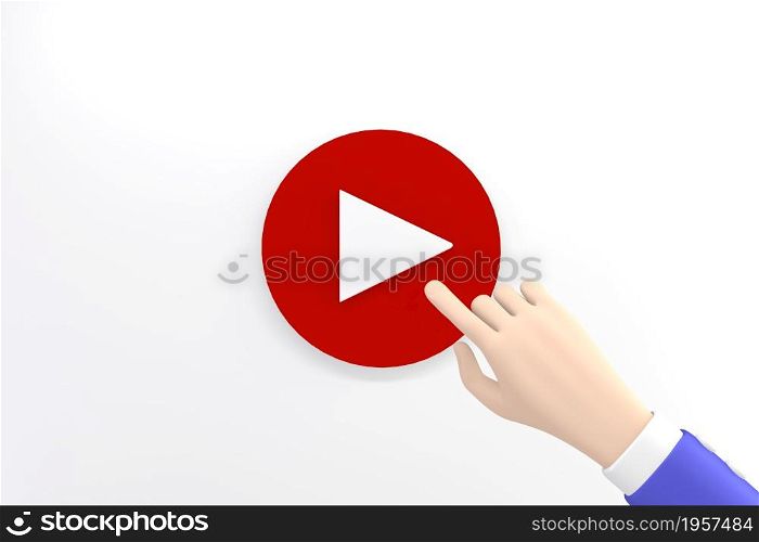 Cartoon hand pressing button play red.3D rendering