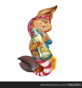 Cartoon hare the mermaid, sits on a chest with wealth and holds in paws a bottle with a treasure map. Invitation card for a holiday or birthday. Raster illustration.