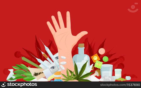 Cartoon human addiction waving hand vector graphic illustration. Person arm surrounded by drugs, tablet, alcohol, syringe, marijuana and pills isolated on red. Addicted and harmful habit concept. Cartoon human addiction waving hand vector graphic illustration