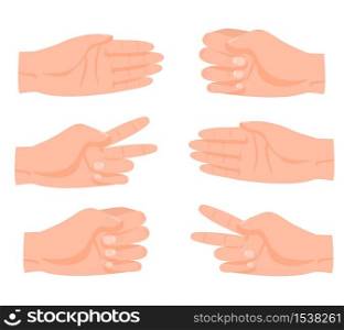 Cartoon human hand rock, scissors, paper game gestures set vector graphic illustration. Collection of arm and fingers playful competition gesturing isolated on white background. Cartoon human hand rock, scissors, paper game gestures set vector graphic illustration