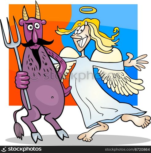 Cartoon Humorous Illustration of Angel and Devil in Friendship