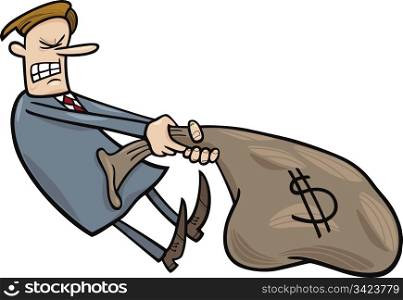 cartoon humorous illustration of businessman draging huge sack of dollars