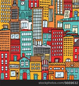 Cartoon illustration background of a colorful busy city full with houses and buildings