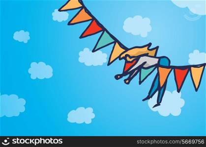 Cartoon illustration background of a woman hanging up over colorful party pennants