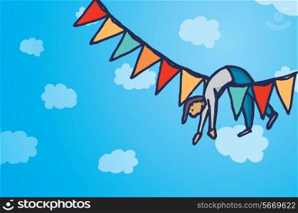 Cartoon illustration background of man hanging up over colorful party pennants