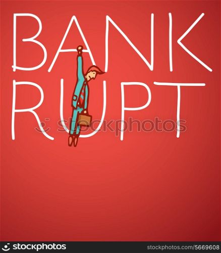 Cartoon illustration of a business man hanging from bankruptcy
