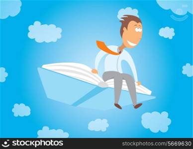 Cartoon illustration of a businessman flying with his business education book