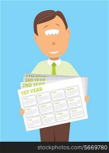 Cartoon illustration of a businessman planning his future and holding calendars