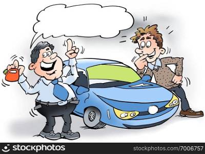 Cartoon illustration of a car salesman showing a hybrid Car and a small petrol can