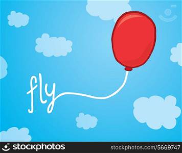 Cartoon illustration of a floating balloon with fly word as a string