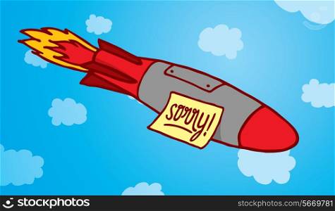 Cartoon illustration of a flying missile with funny apology message or sorry note attached