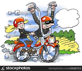 Cartoon illustration of a happy biker running fast on a motorcycle with his girlfriend sitting behind him