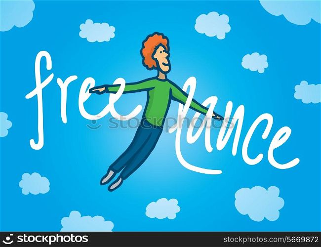 Cartoon illustration of a happy flying freelance worker in the sky