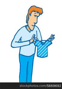 Cartoon illustration of a man holding a tiny shrinked or small sized t-shirt