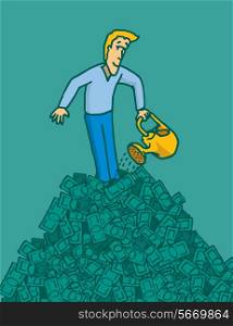 Cartoon illustration of a man watering a huge pile of money