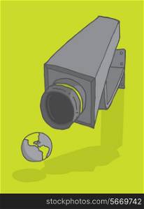 Cartoon illustration of a surveillance camera aiming at planet earth
