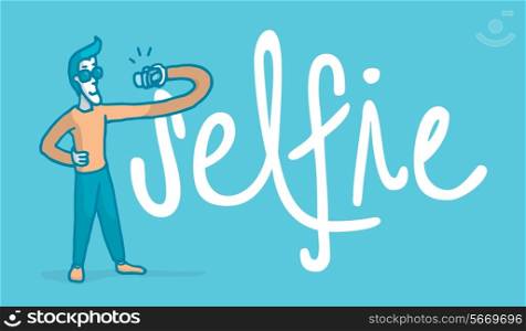 Cartoon illustration of a vain man taking a selfie next to a big word