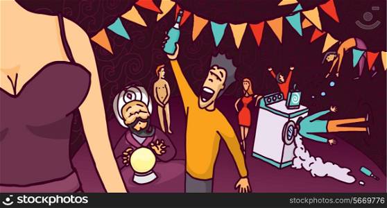 Cartoon illustration of a wild party full of happy characters