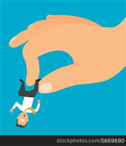 Cartoon illustration of an insignificant businessman getting thrown by huge hand
