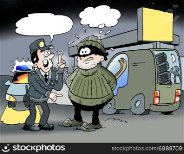 Cartoon illustration of an officer who speaks with a bandit