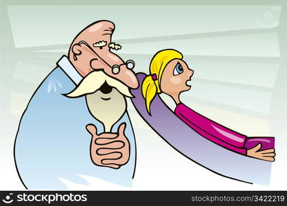 Cartoon illustration of blond teen girl at shrink doctor