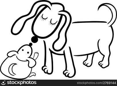 Cartoon Illustration of Cute Little Puppy and his Dog Mom for Coloring Book