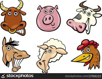 Cartoon Illustration of Different Funny Farm Animals Heads Set: Bull, Pig, Cow, Horse, Sheep and Hen
