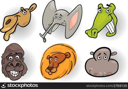 Cartoon Illustration of Different Funny Wild Animals Heads Set: Camel, Crocodile, Gorilla, Elephant, Lion and Hippo