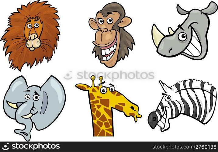 Cartoon Illustration of Different Funny Wild Animals Heads Set: Lion, Chimp, Rhino, Elephant, Giraffe and Zebra