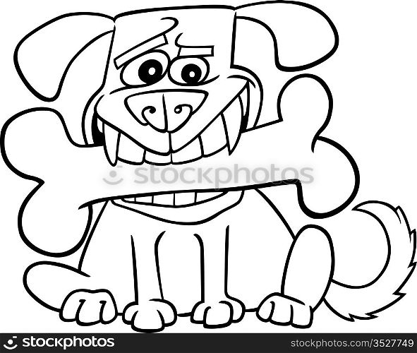 Cartoon Illustration of Dog with Big Bone for Coloring Book