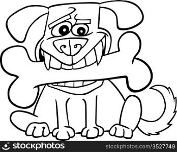 Cartoon Illustration of Dog with Big Bone for Coloring Book