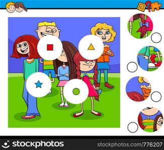 Cartoon Illustration of Educational Match the Pieces Jigsaw Puzzle Game for Children with Funny Kids Characters