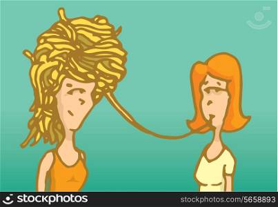 Cartoon illustration of envious woman eating hair