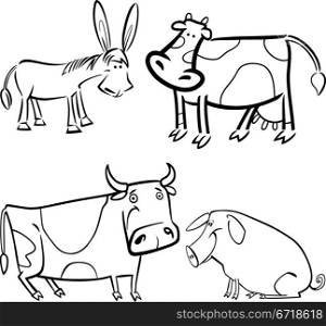 cartoon illustration of four cute farm animals set for coloring book