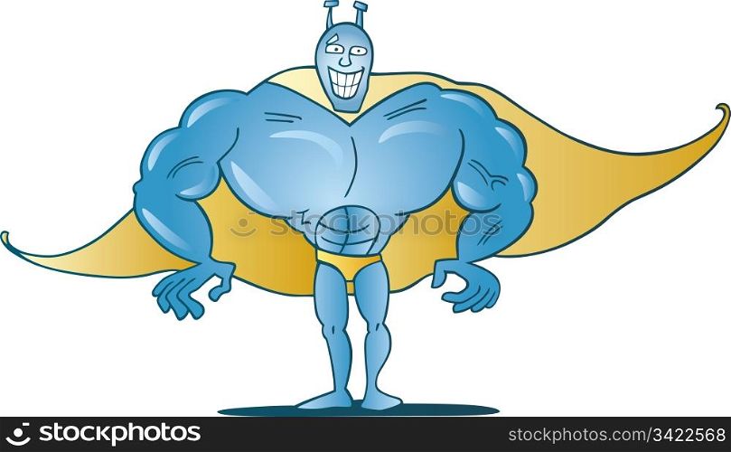 Cartoon illustration of funny blue superhero