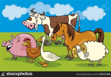 Cartoon illustration of funny farm animals group