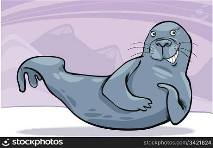 cartoon illustration of funny grey seal on ice