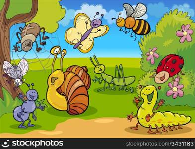 cartoon illustration of funny insects on the meadow
