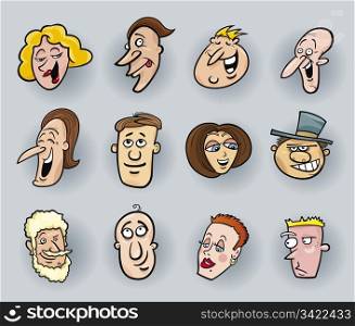 cartoon illustration of funny people faces set