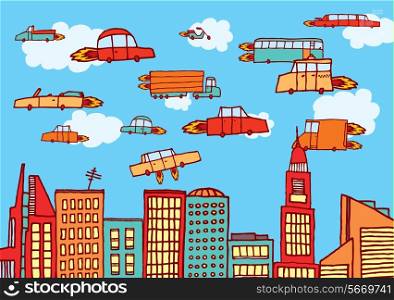 Cartoon illustration of future urban air transportation or flying cars