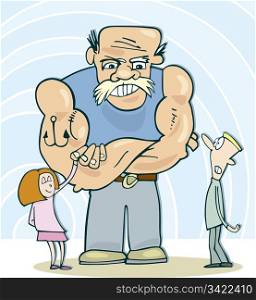 Cartoon illustration of girl presenting her boyfriend to her father