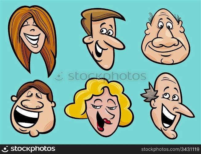 Cartoon illustration of happy people faces set