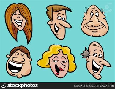 Cartoon illustration of happy people faces set