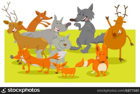 Cartoon Illustration of Happy Wild Forest Animal Characters Group