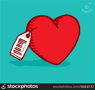 Cartoon illustration of heart with price tag or love for sale