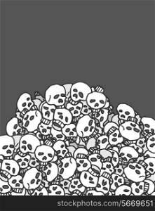 Cartoon illustration of huge pile of skulls as background texture with copy space